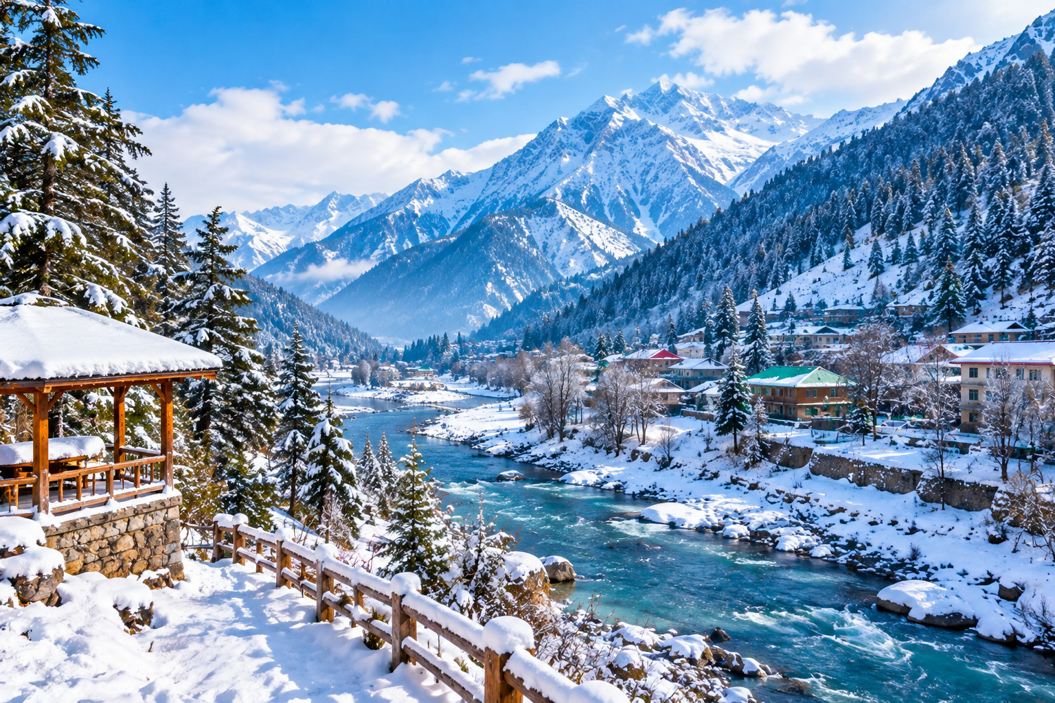 Swat Valley in winter, featuring snow-covered mountains, pine forests, a flowing river, and a scenic village in Pakistan.
