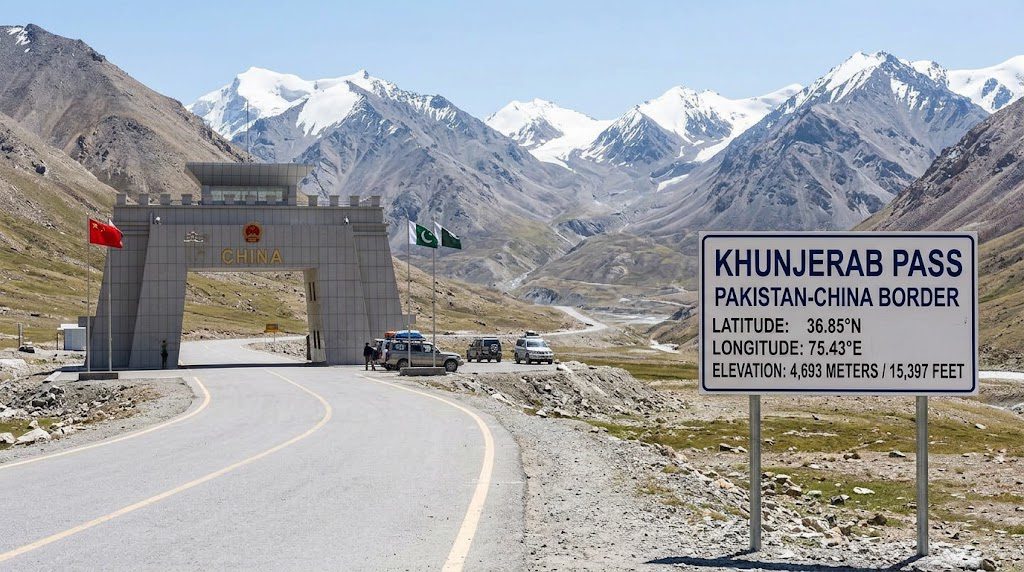 Where Khunjerab Pass is located on the Pakistan-China border, showing the high-altitude mountain pass surrounded by the majestic, snow-covered Karakoram Mountains.