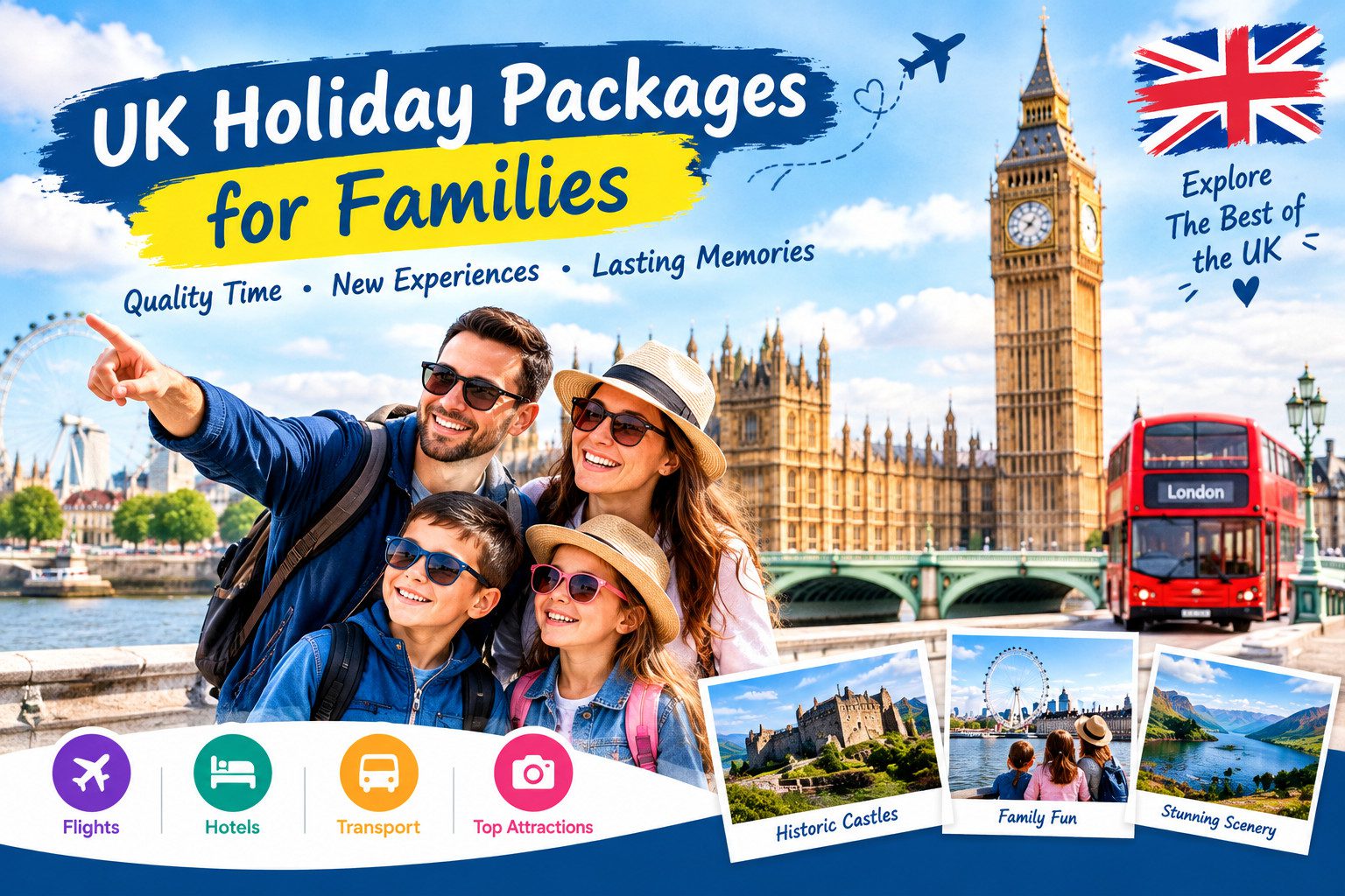  UK holiday packages for families featuring Big Ben, the London Eye, a red double-decker bus, family-friendly attractions, hotels, and scenic UK destinations.