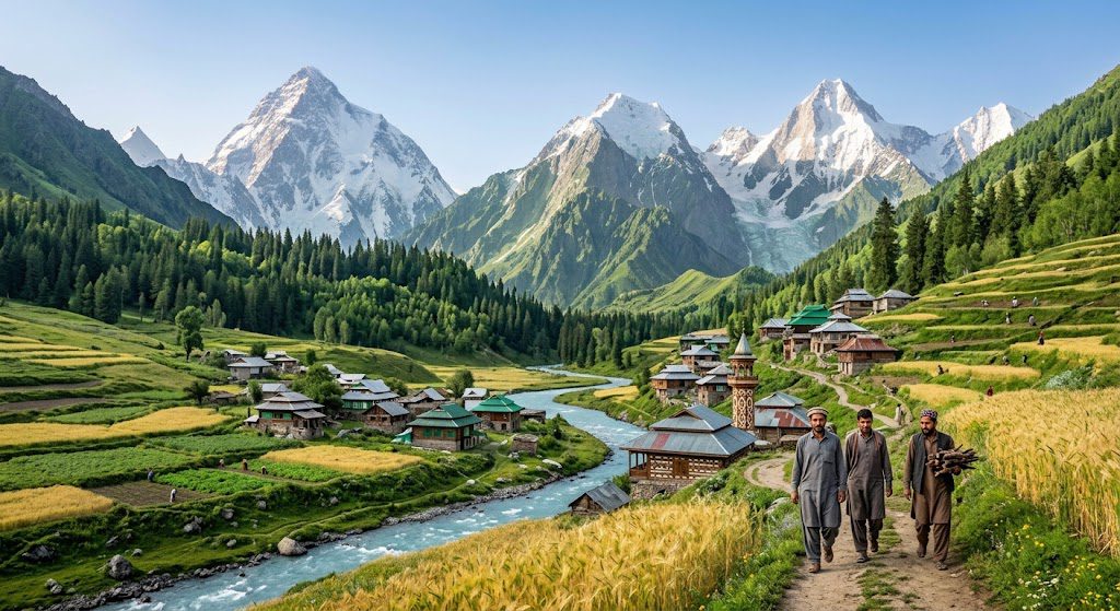 Pakistan’s cultural highlands featuring traditional villages, local architecture, scenic mountain landscapes, and rich cultural heritage.