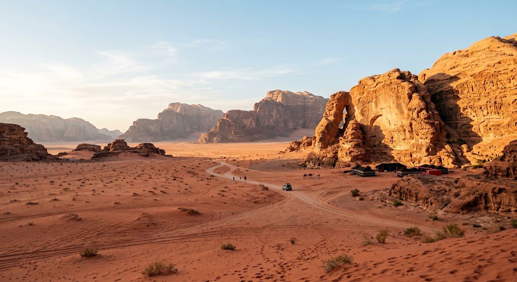 Wadi Rum, one of the best places to visit in Jordan, famous for its red sand dunes and sandstone mountains.