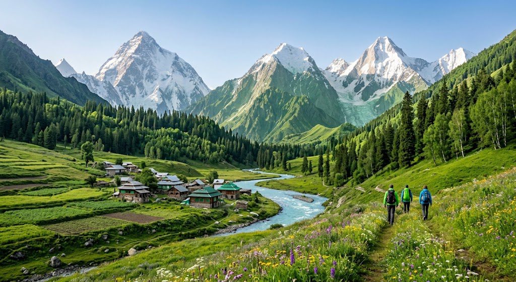 Green valleys and lush meadows in Pakistan surrounded by majestic mountains, scenic landscapes, and natural beauty.