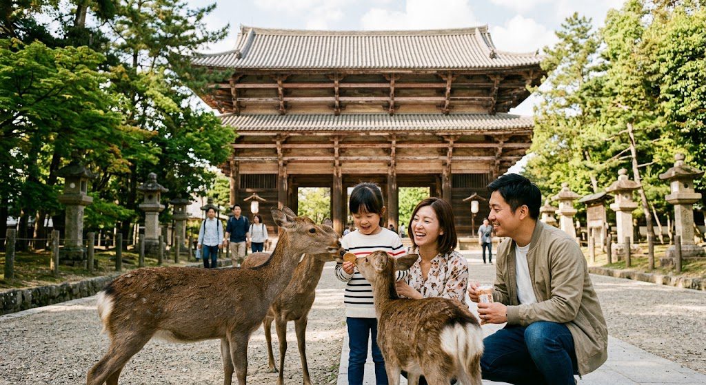 Best places to visit in Japan for families, featuring friendly deer and ancient temples in Nara.