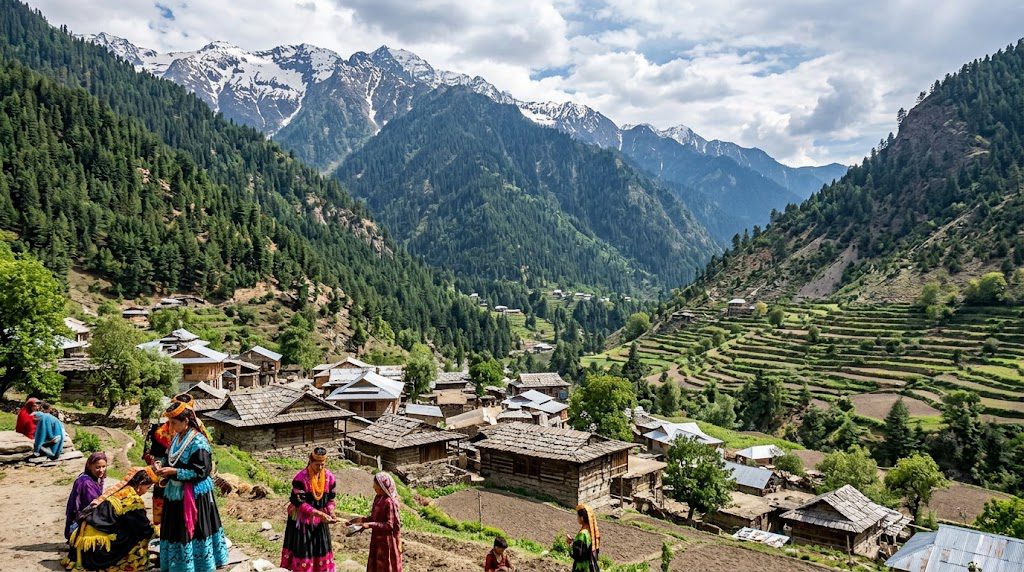 Traditional Kalash houses with wooden balconies nestled among the green mountains of Chitral.
