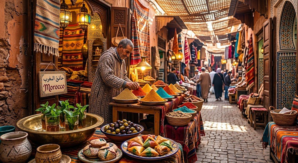 Morocco travel scene featuring colorful Marrakech markets, traditional Moroccan tagine, intricate architecture, and vibrant spice stalls.