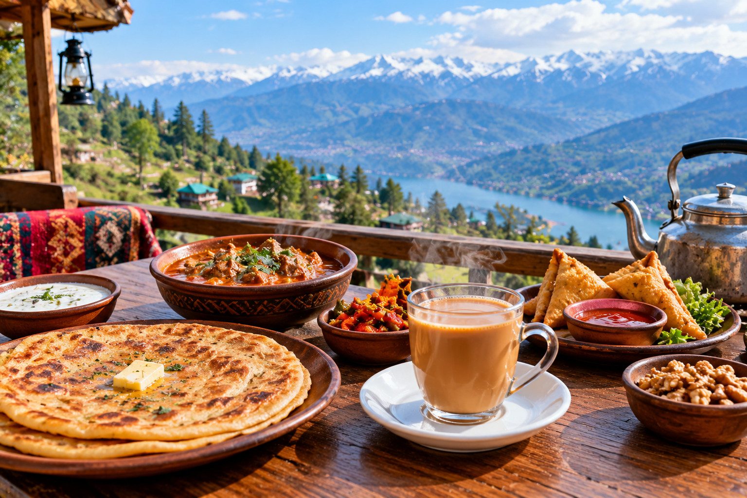 Traditional Pakistani food and hot chai served on a wooden table overlooking a beautiful mountain valley.