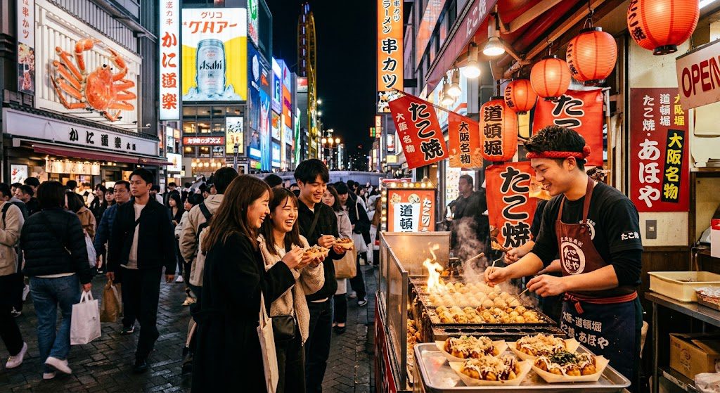 Street food stalls glowing at night along the Dotonbori canal in Osaka