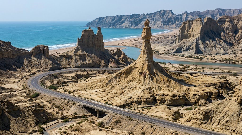 Dramatic rock formations and rugged desert mountains along the Makran Coast in Balochistan, Pakistan.