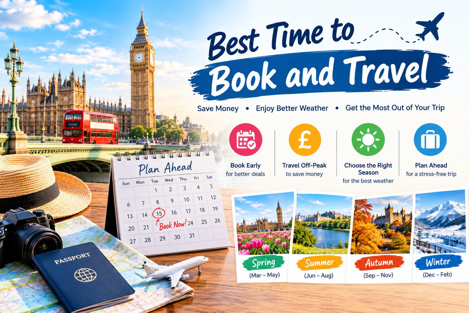 Best time to book a trip, featuring London landmarks, a travel calendar, seasonal destinations, and tips for saving money on travel.