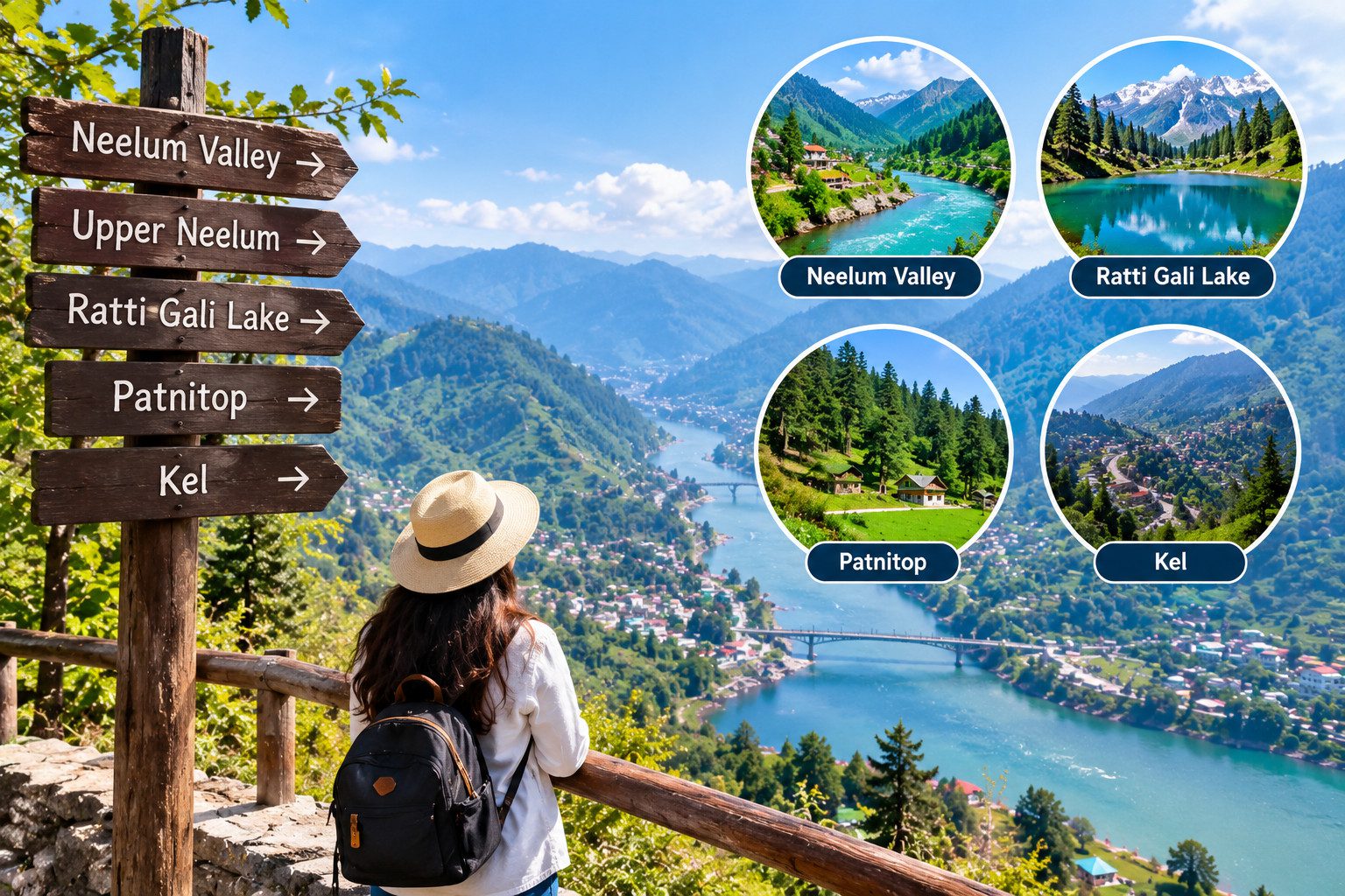 Scenic mountain valley with a river, green hills, and nearby tourist destinations in Azad Kashmir.