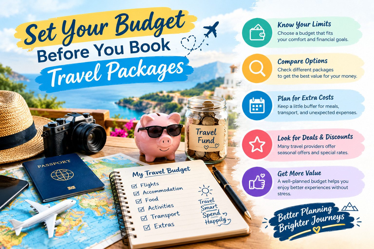 Passport, camera, world map, and backpack ready for a holiday adventure.