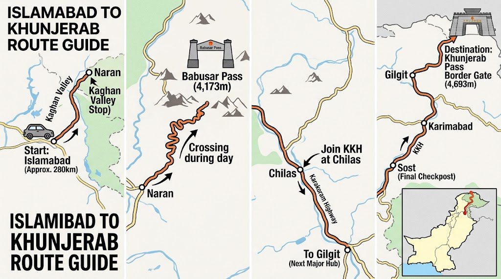 How to reach Khunjerab Pass from Islamabad via the scenic Karakoram Highway, passing through Gilgit, Hunza Valley, and majestic snow-covered mountains.