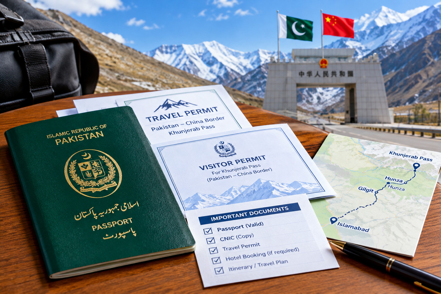 Documents and permits for Pakistan China border travel, including a Pakistani passport, travel documents, and permits for visiting Khunjerab Pass.
