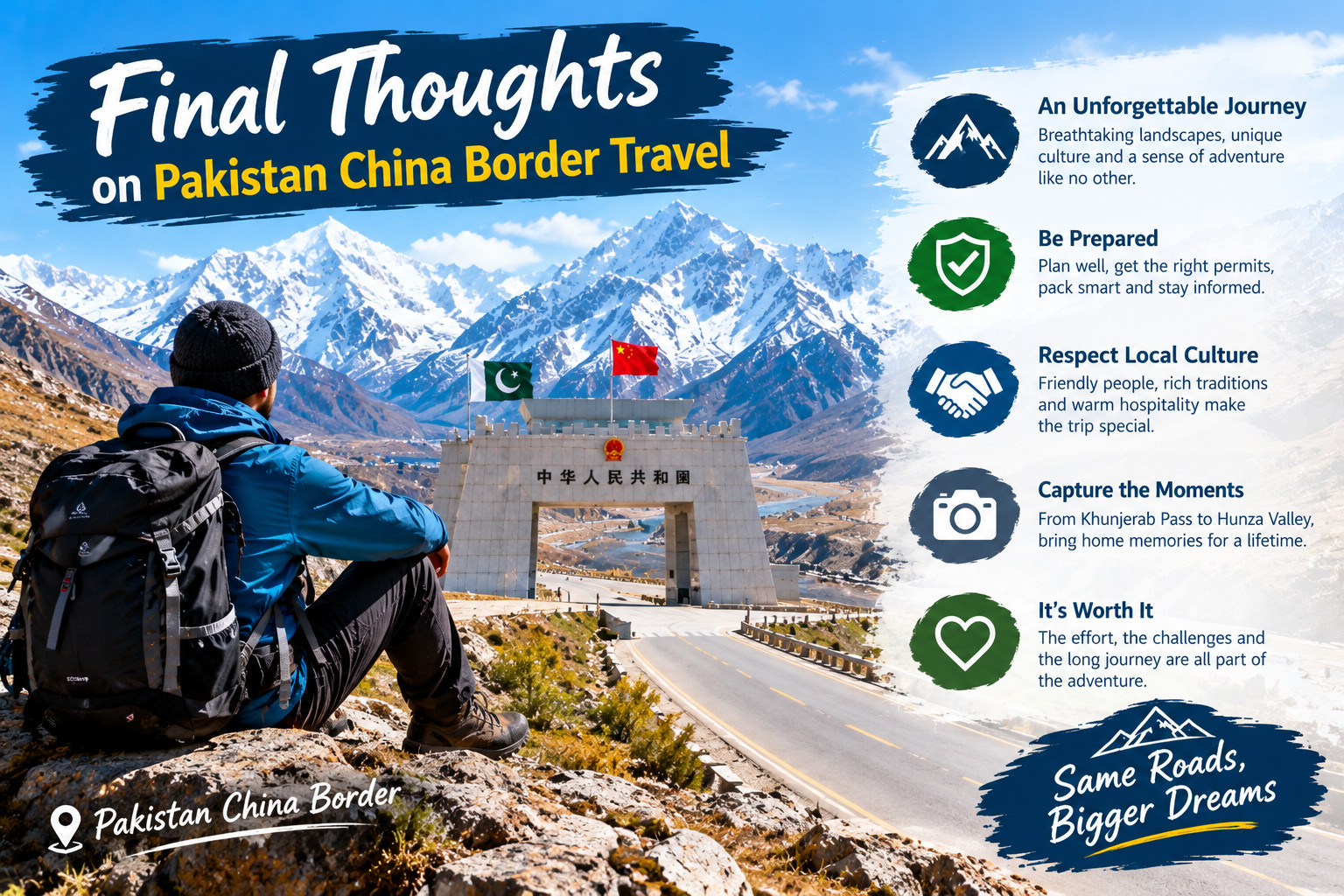 Final thoughts on Pakistan China border travel, featuring a scenic Khunjerab Pass border crossing, snow-covered Karakoram Mountains, and a traveler admiring the breathtaking landscape.