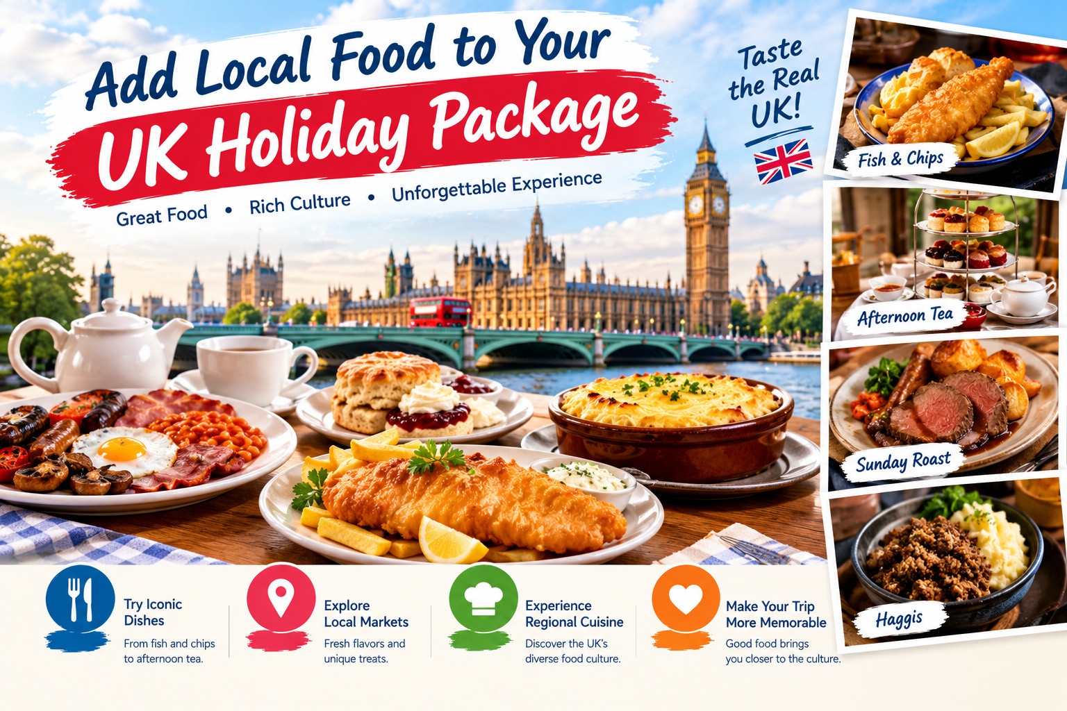Traditional British foods including fish and chips, a full English breakfast, afternoon tea, Sunday roast, and haggis displayed against the London skyline.
