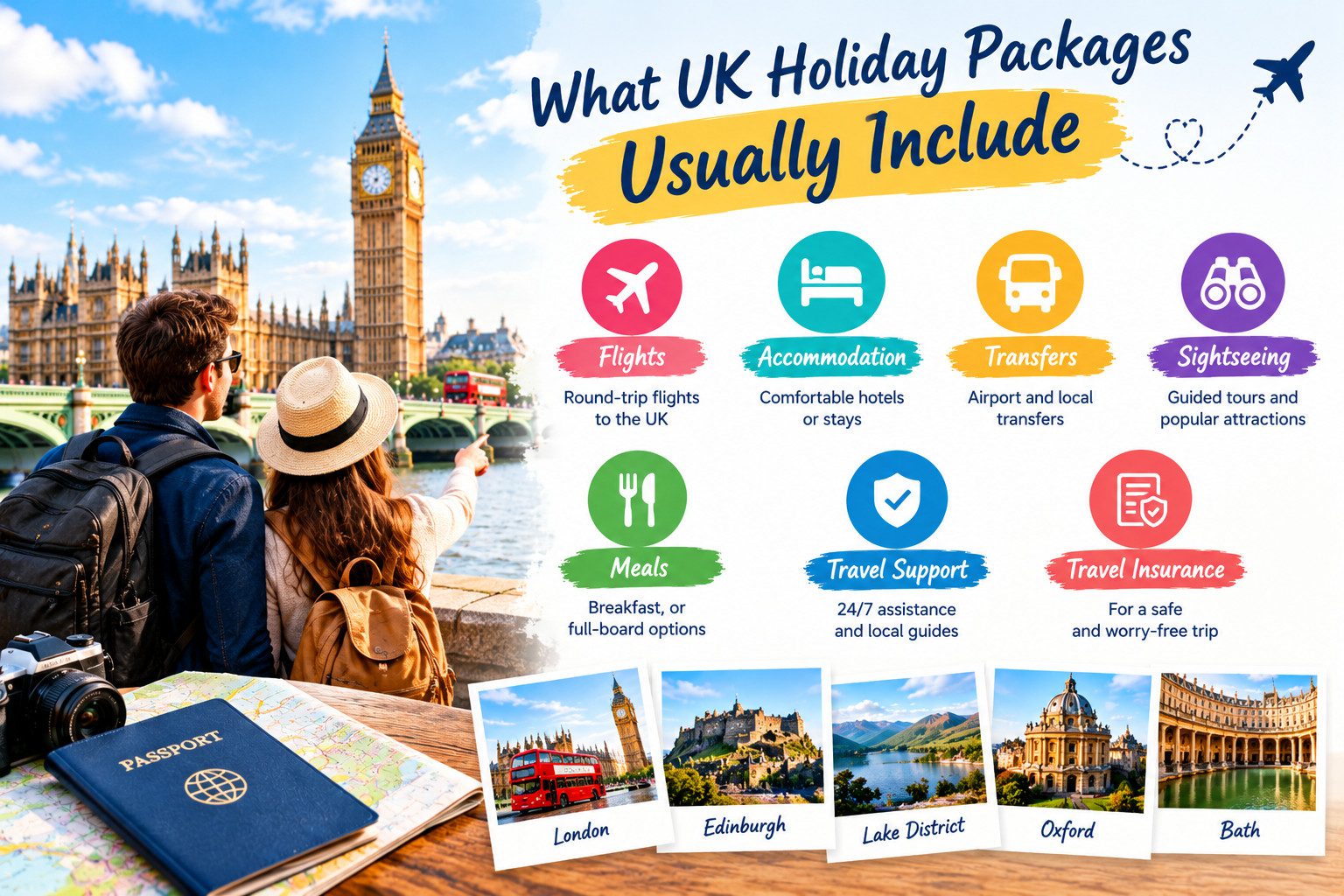 Travel package inclusions illustrated with flights, hotel accommodation, airport transfers, sightseeing tours, meals, travel support, and insurance, alongside famous UK destinations.