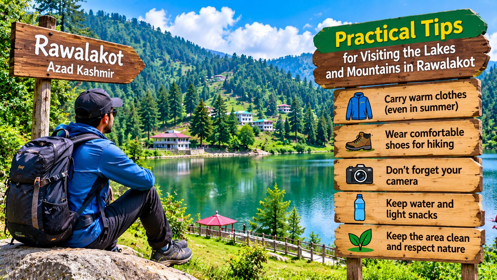 Tourist enjoying the scenic beauty of Rawalakot, Azad Kashmir, beside a peaceful mountain lake, with practical travel tips for hiking, warm clothing, carrying water, and protecting nature.