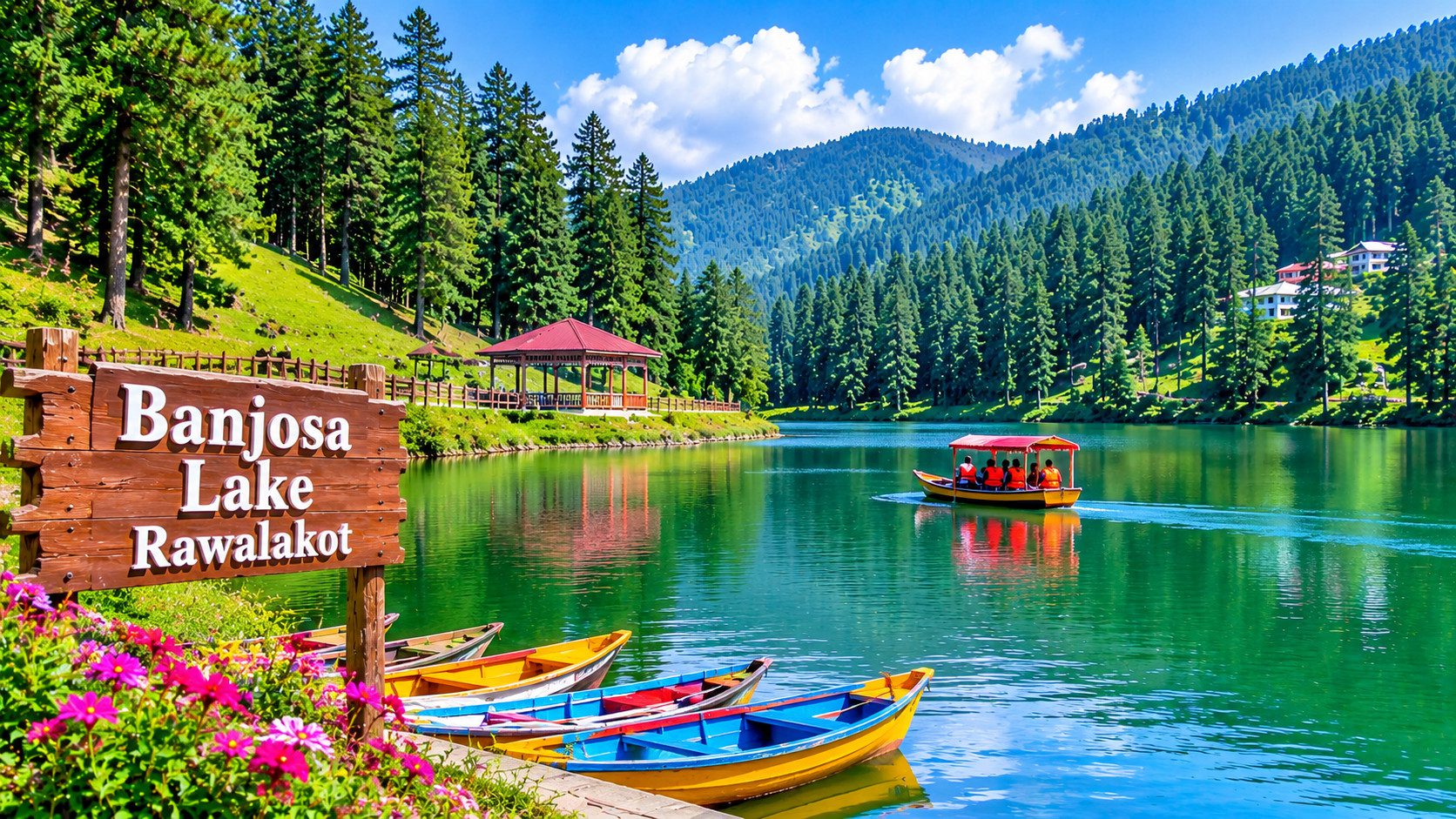 Beautiful Banjosa Lake in Rawalakot, Azad Kashmir, surrounded by green pine forests and mountains with colorful boats on the water.