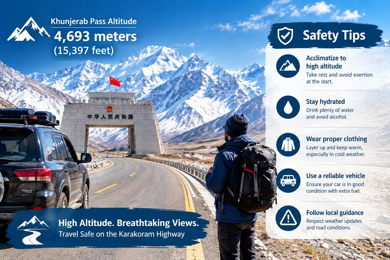 Altitude and safety tips for Pakistan China border travel at Khunjerab Pass, showing high-altitude mountain roads, snow-covered peaks, and rugged Karakoram landscapes.