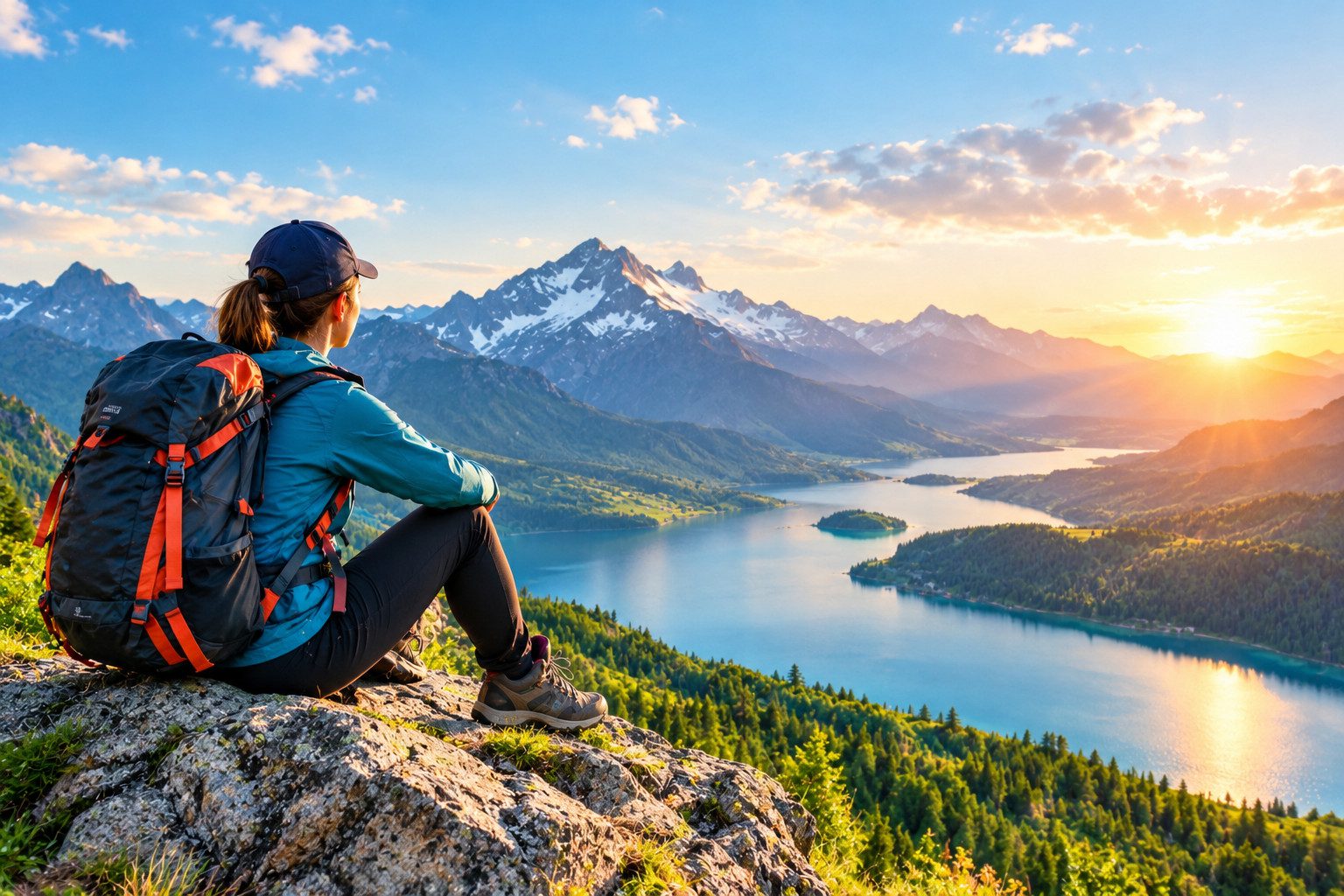 Hiker enjoying a breathtaking mountain lake view at sunset during an adventure travel experience.