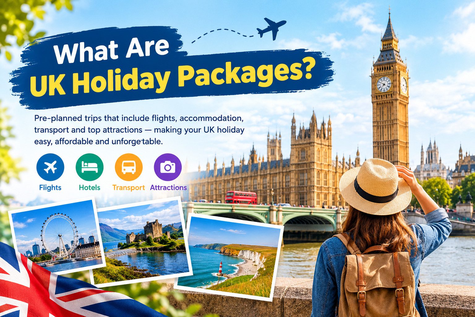 What are UK holiday packages? A travel guide featuring London’s Big Ben, UK tourist attractions, flights, hotels, and transport.