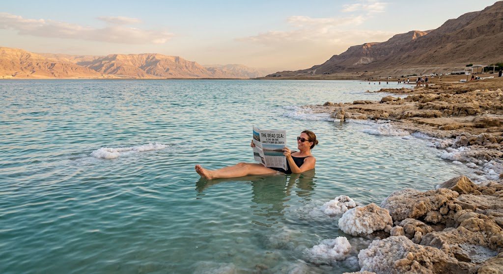 Dead Sea, one of Jordan’s famous attractions, where travelers float in its salty waters.