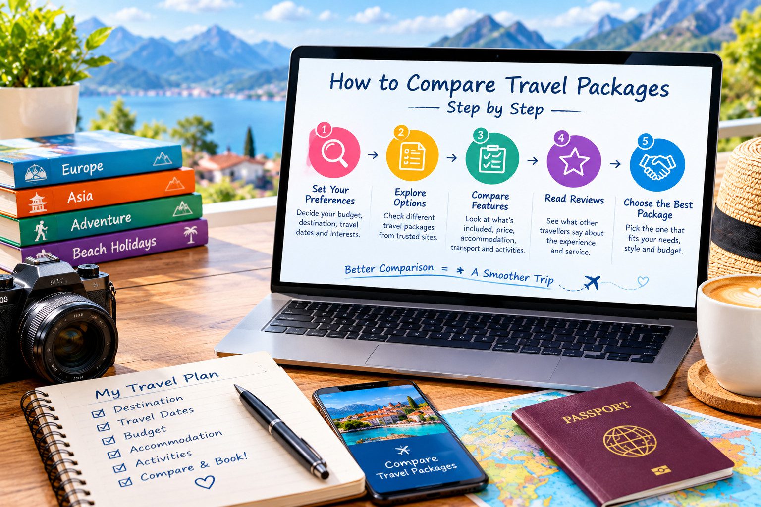 Laptop displaying a comparison checklist beside a passport, camera, travel map, and notebook on a wooden table overlooking a mountain lake.
