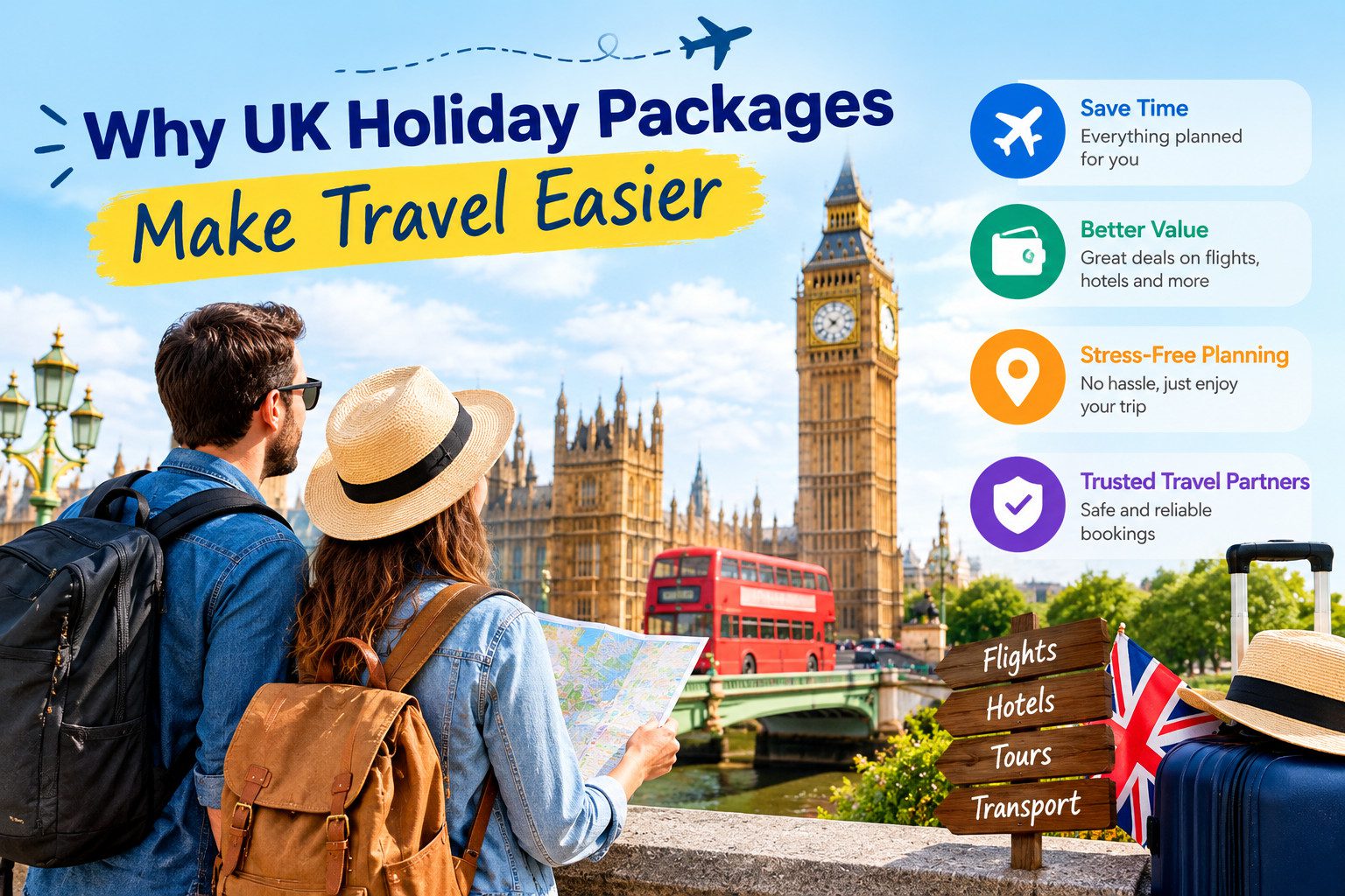 : Why UK holiday packages make travel easier, featuring London’s Big Ben, tourists, and benefits such as time savings, better value, stress-free planning, and convenient travel bookings.