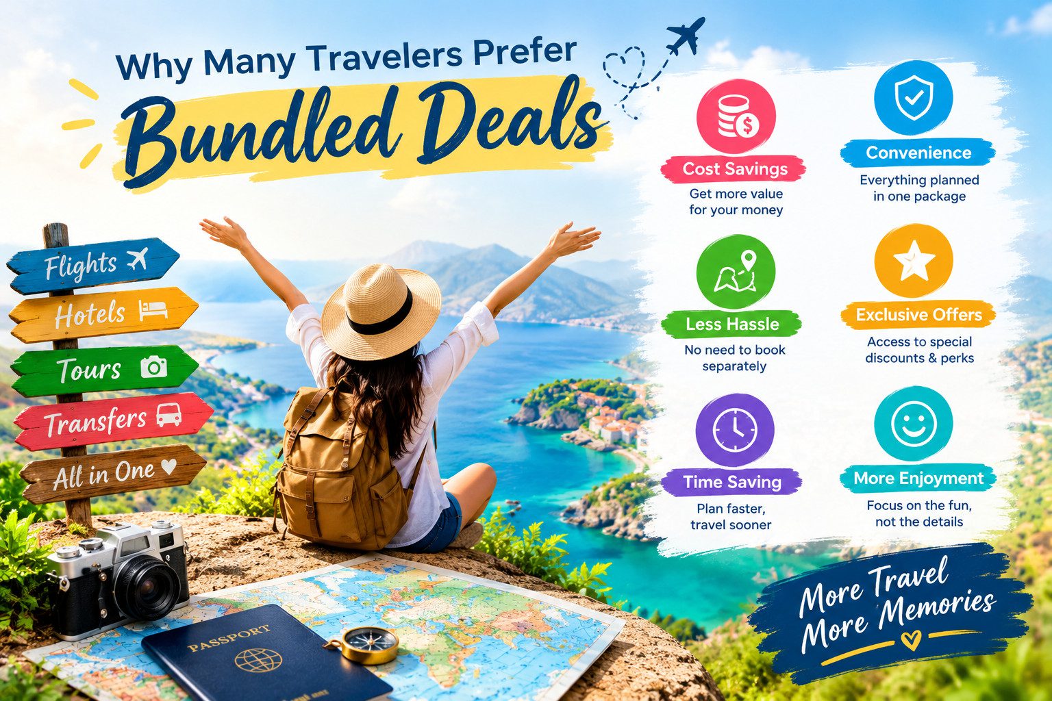 Benefits of bundled travel deals, including cost savings, convenience, exclusive discounts, time savings, and stress-free vacation planning.