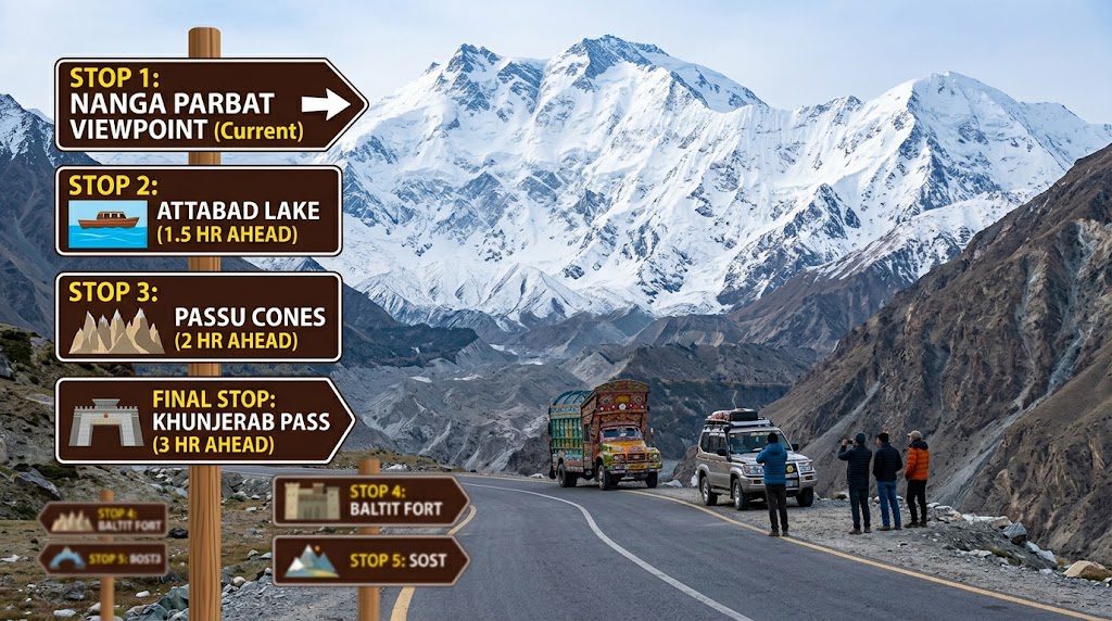 Must-see stops along the Karakoram Highway, featuring Hunza Valley, Attabad Lake, Passu Cones, and breathtaking snow-capped mountains in northern Pakistan.