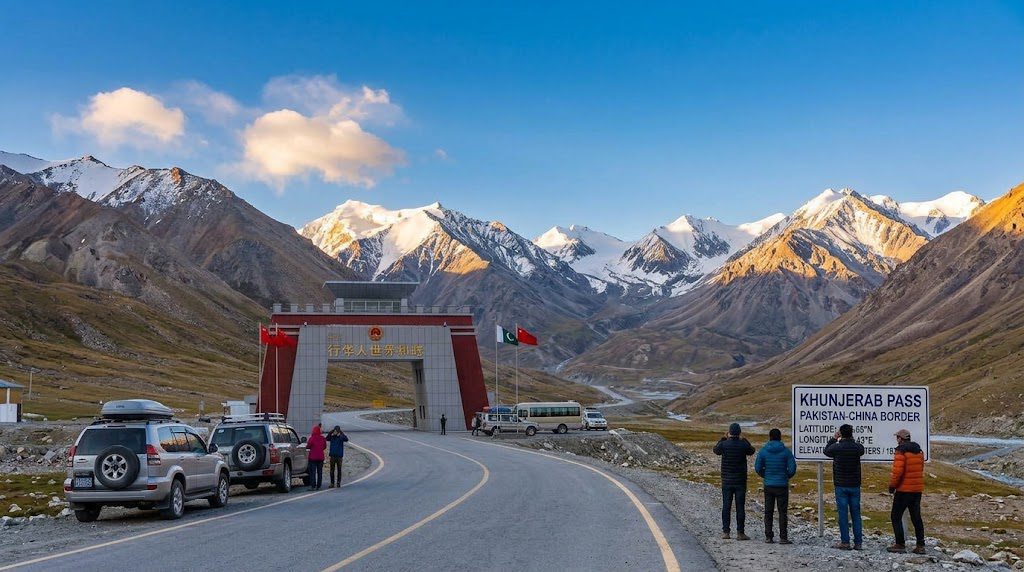Best time for Pakistan China border travel, featuring the scenic Khunjerab Pass with clear summer skies, snow-capped Karakoram Mountains, and a winding mountain road.
