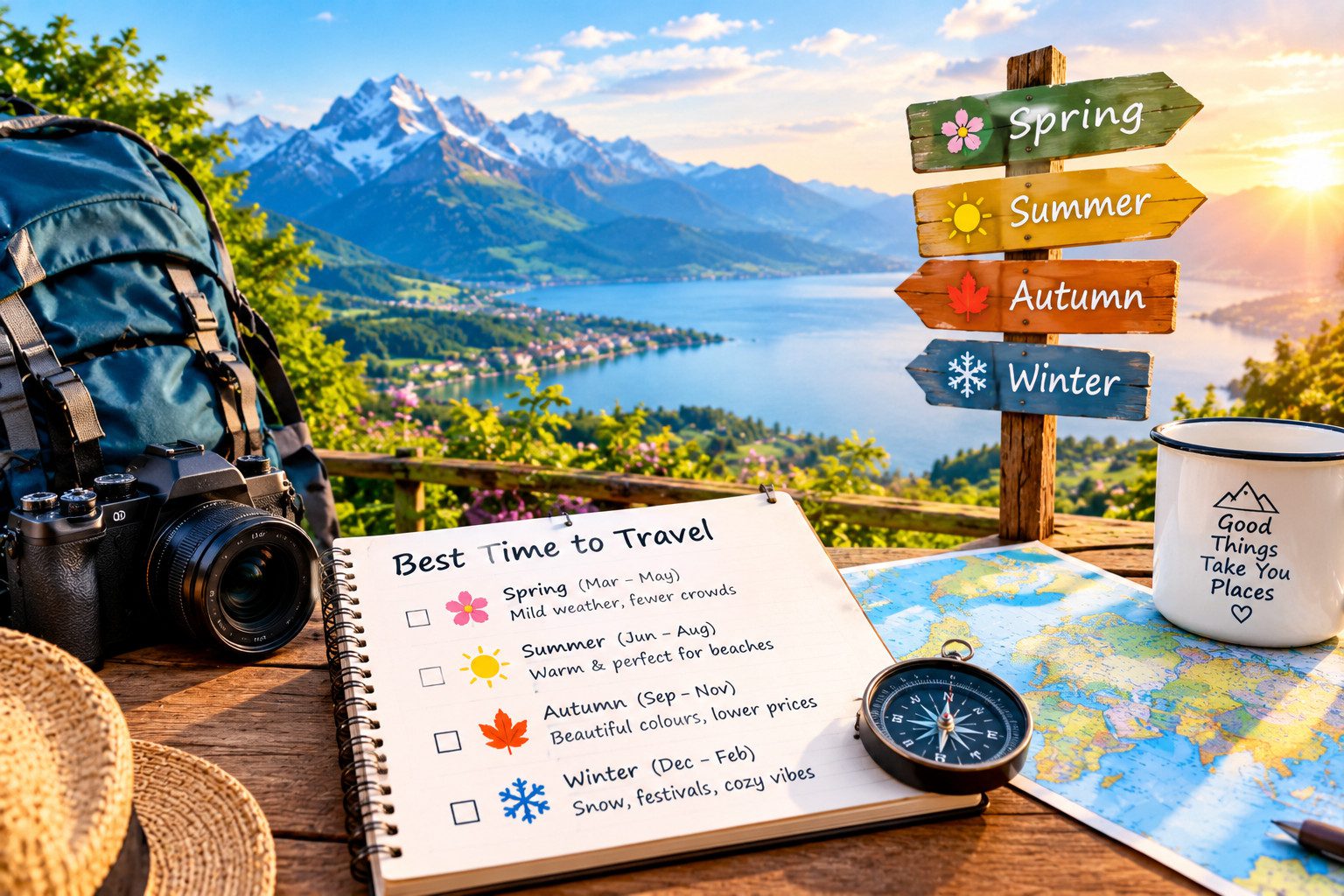 Travel planning notebook, camera, backpack, and seasonal signposts overlooking a beautiful mountain lake at sunrise.