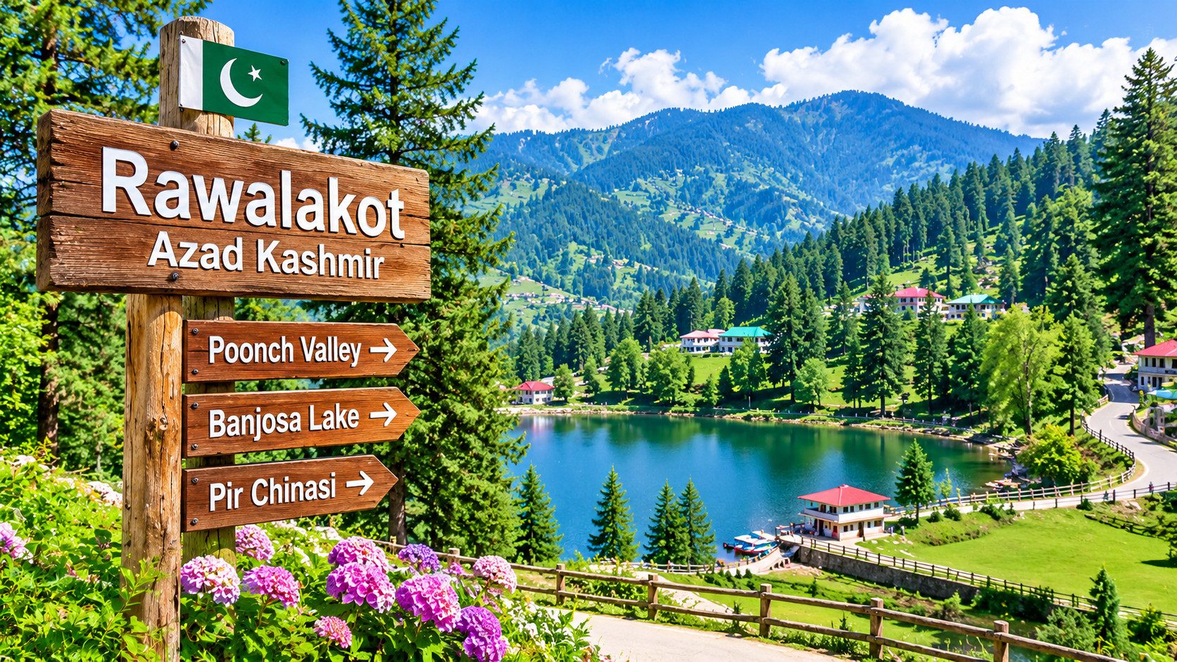 Scenic mountain valley near Rawalakot featuring pine forests, a beautiful lake, and surrounding hills in Azad Kashmir.