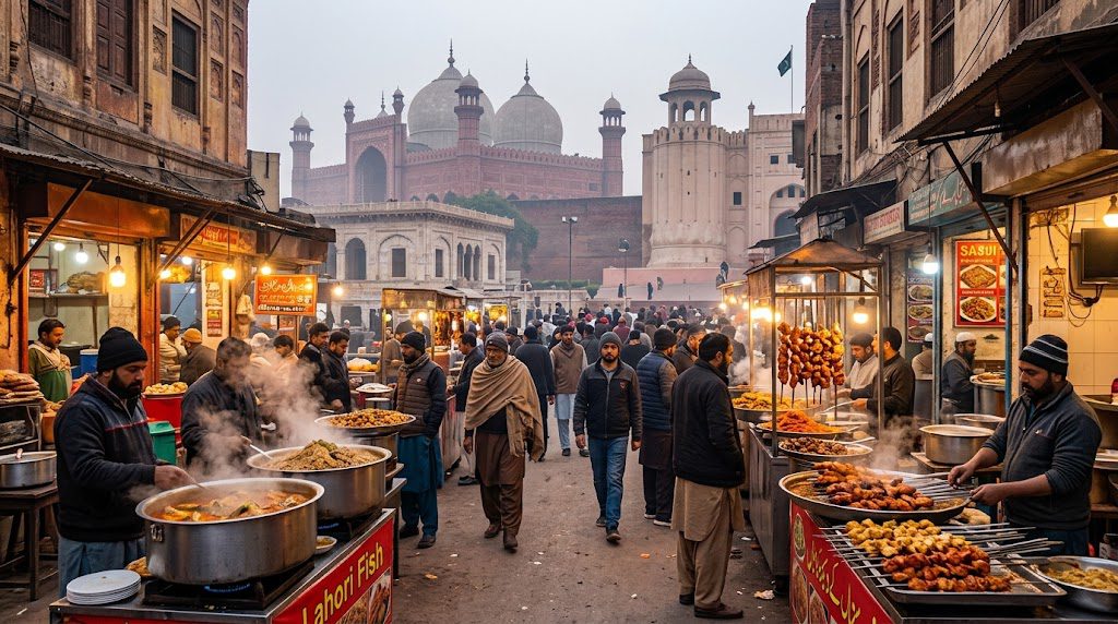 Historic Badshahi Mosque in Lahore surrounded by Mughal architecture and a clear winter sky.