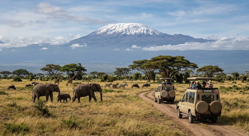 Alternative Text: African elephants roaming Tanzania’s savanna with Mount Kilimanjaro rising in the background.