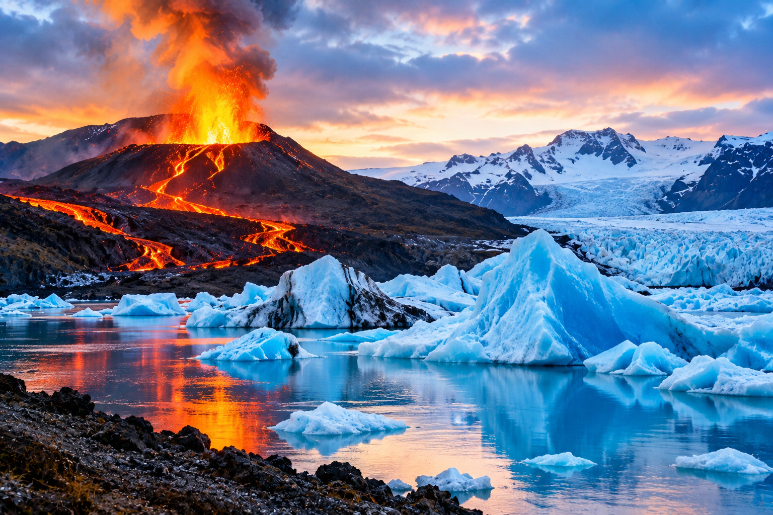 Iceland’s dramatic landscape featuring flowing lava, a snow-covered glacier, and blue icebergs in a lagoon.