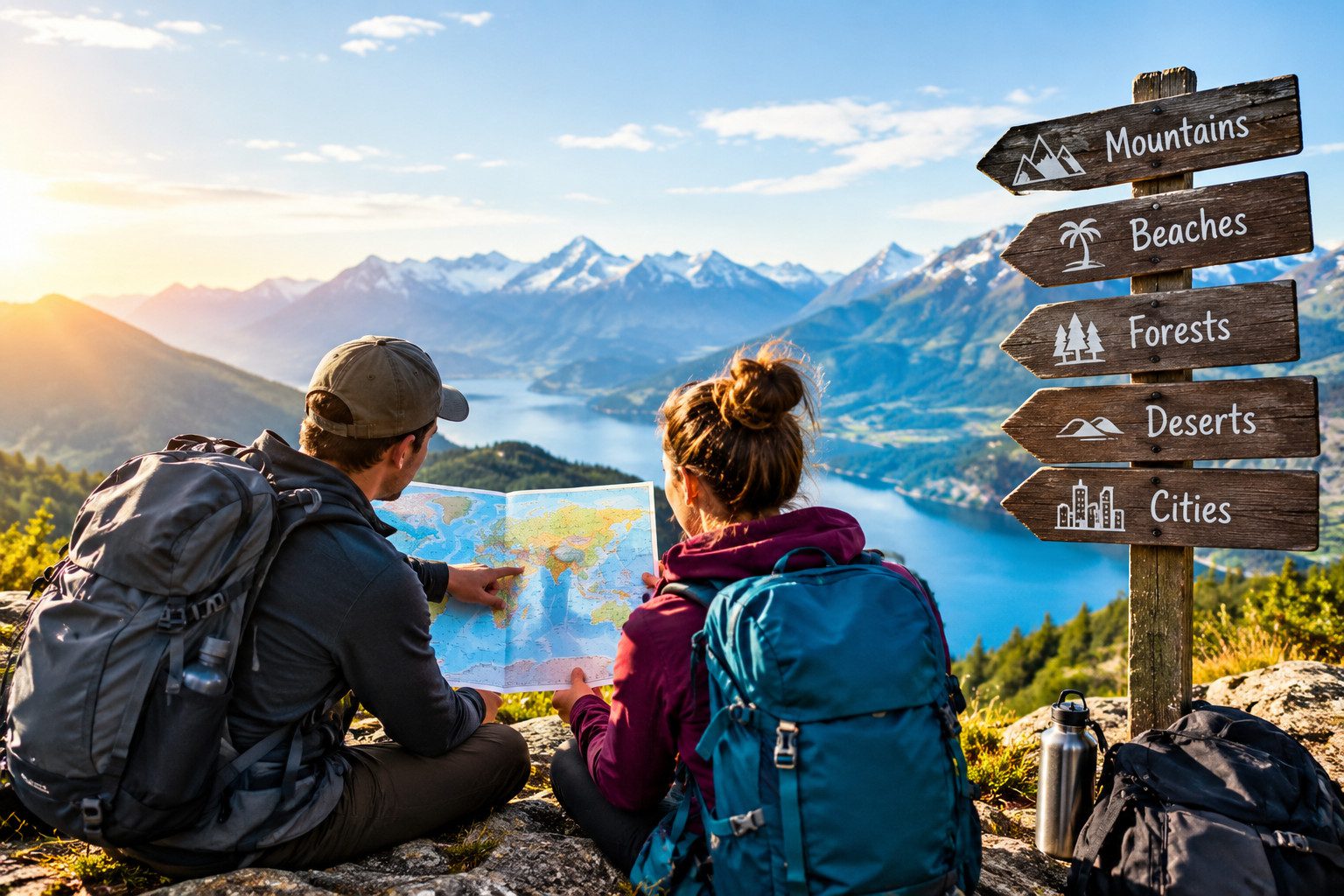 Travelers exploring a scenic mountain trail while choosing their next adventure travel destination.