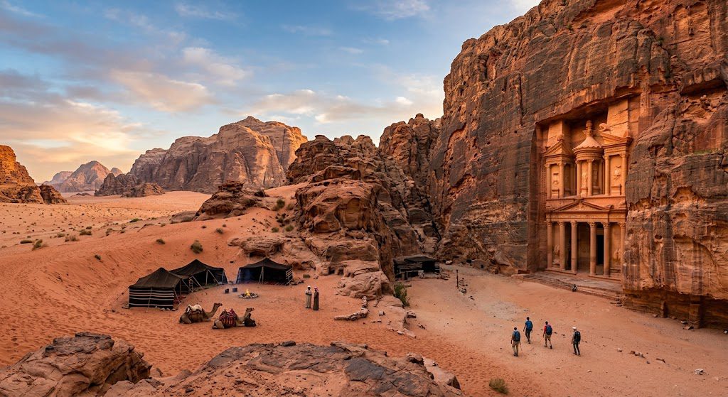 Jordan’s stunning desert landscapes, ancient Petra ruins, and dramatic sandstone rock formations.