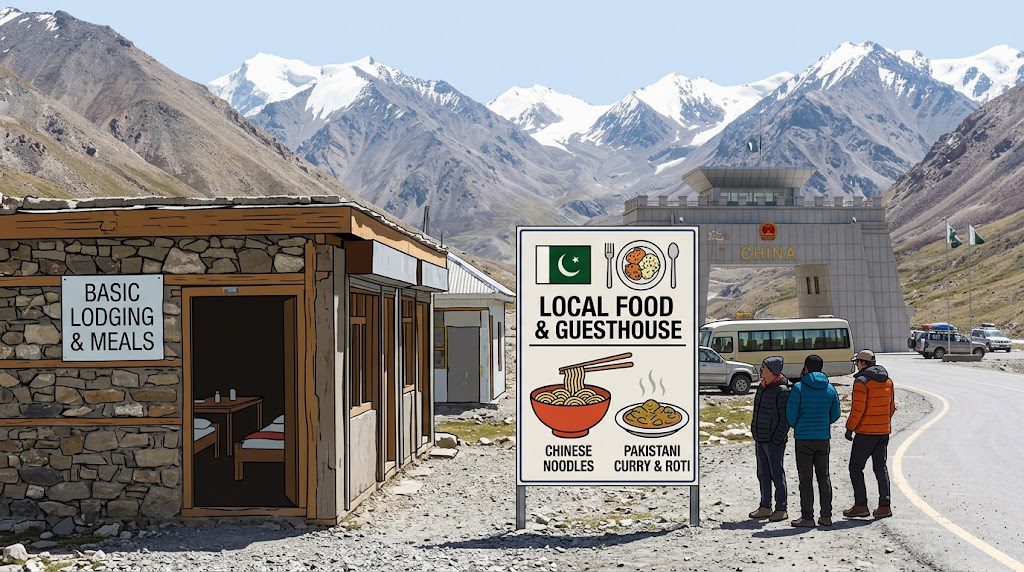 Where to stay and what to eat during Pakistan China border travel, featuring cozy Hunza Valley hotels, traditional Pakistani food, and scenic Karakoram Mountain views.