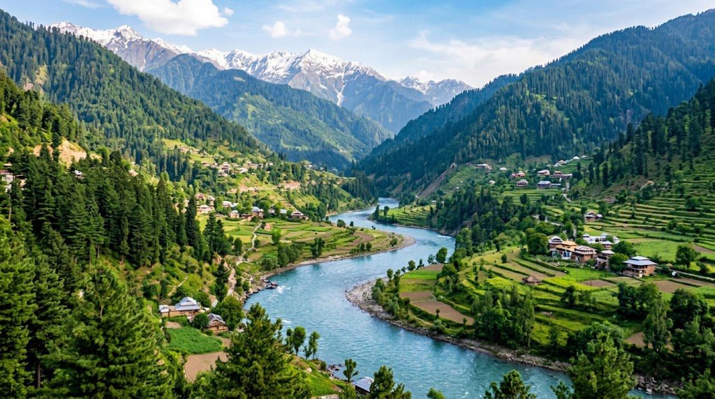 Neelum Valley in Azad Kashmir, Pakistan, featuring snow-covered mountains, a turquoise river, pine forests, and a scenic winter village.