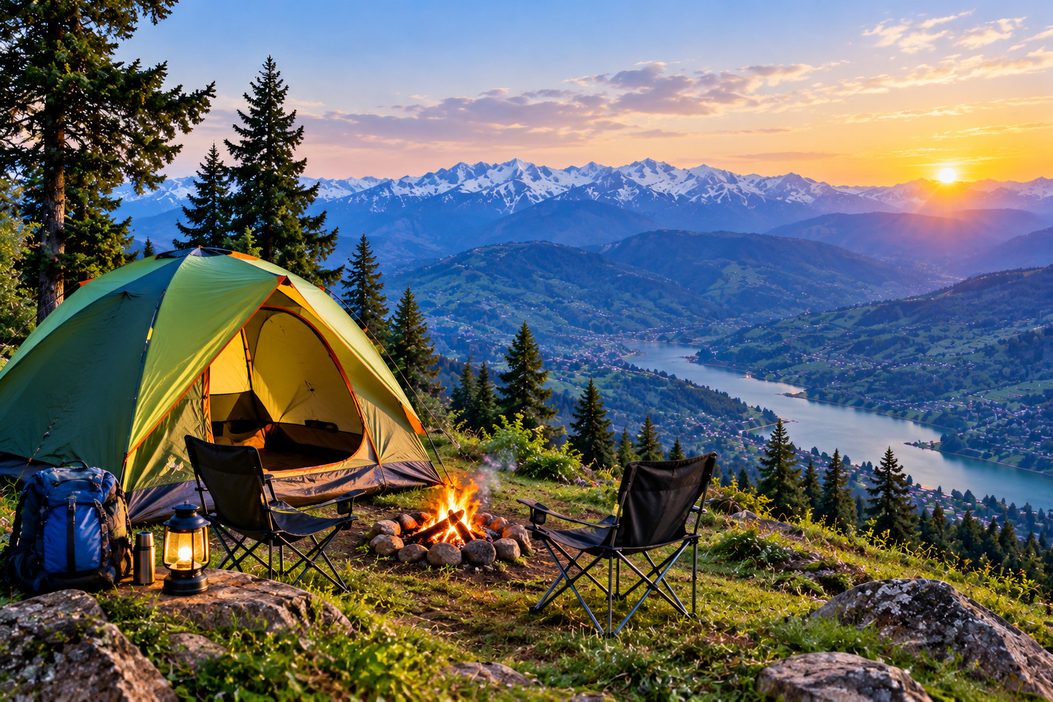 Camping tent on a mountain ridge overlooking a scenic valley and snow-capped peaks at sunset.