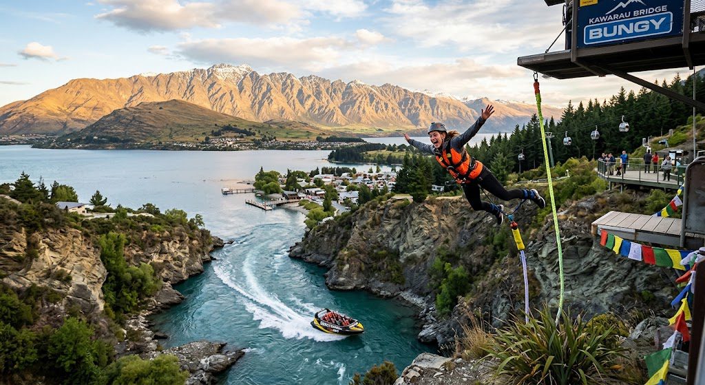 New Zealand’s adventure landscape with majestic mountains, a turquoise lake, and scenic outdoor activities.