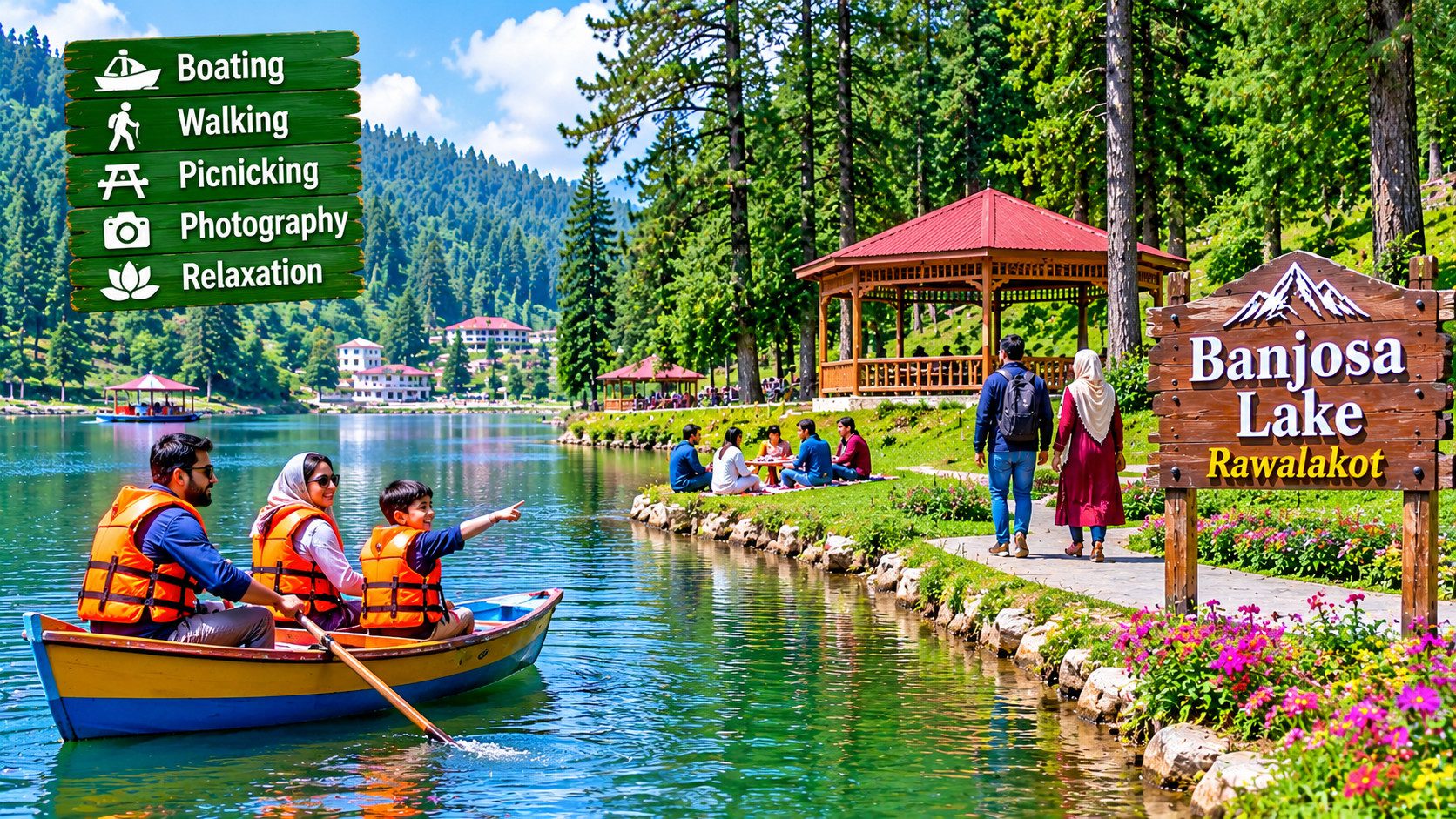 Things to do at Banjosa Lake, Rawalakot, including boating, lakeside walking, family picnics, photography, and enjoying scenic mountain views.