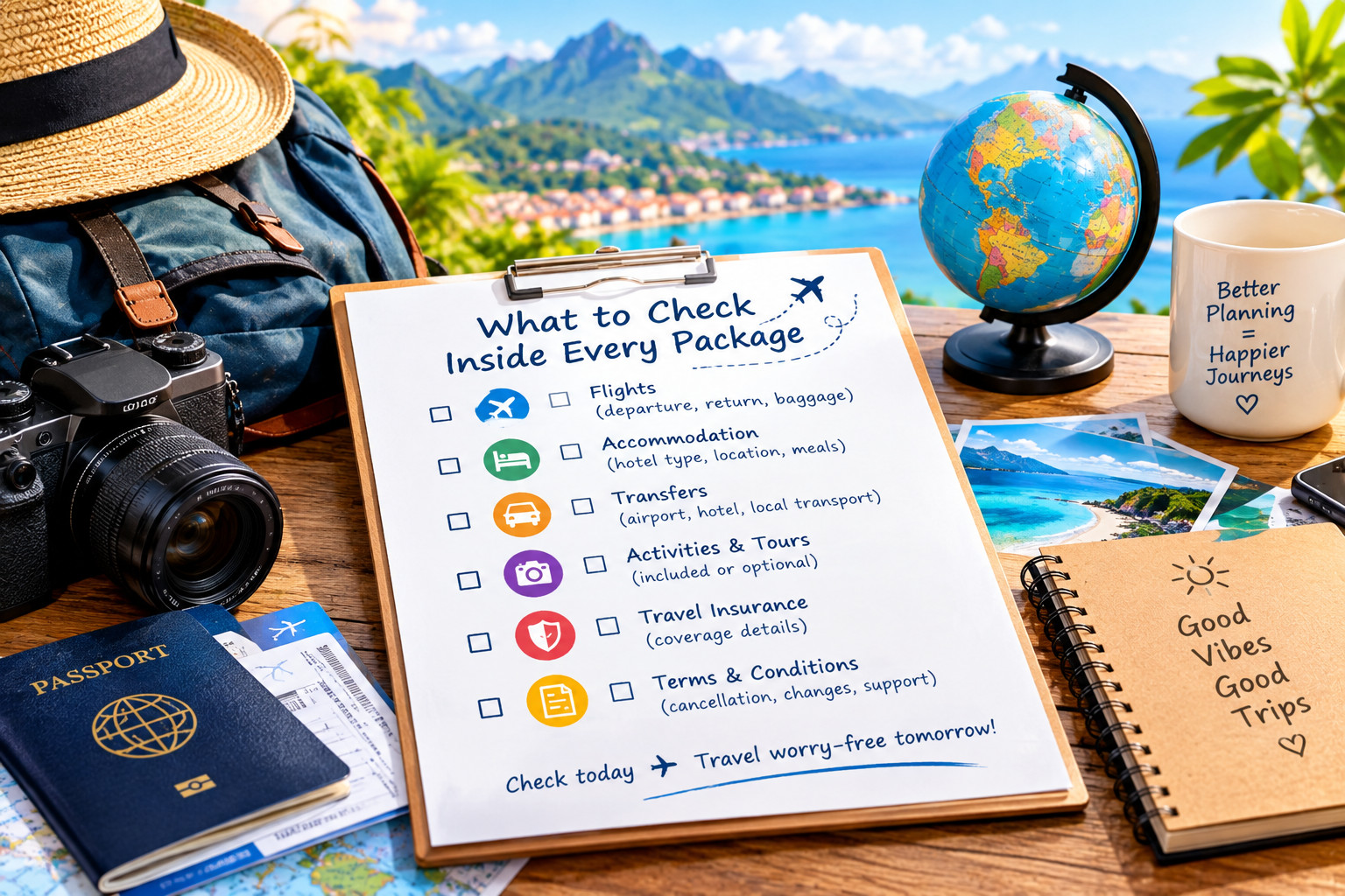 Travel checklist with a passport, camera, globe, backpack, and notes about flights, hotels, transport, activities, and insurance.