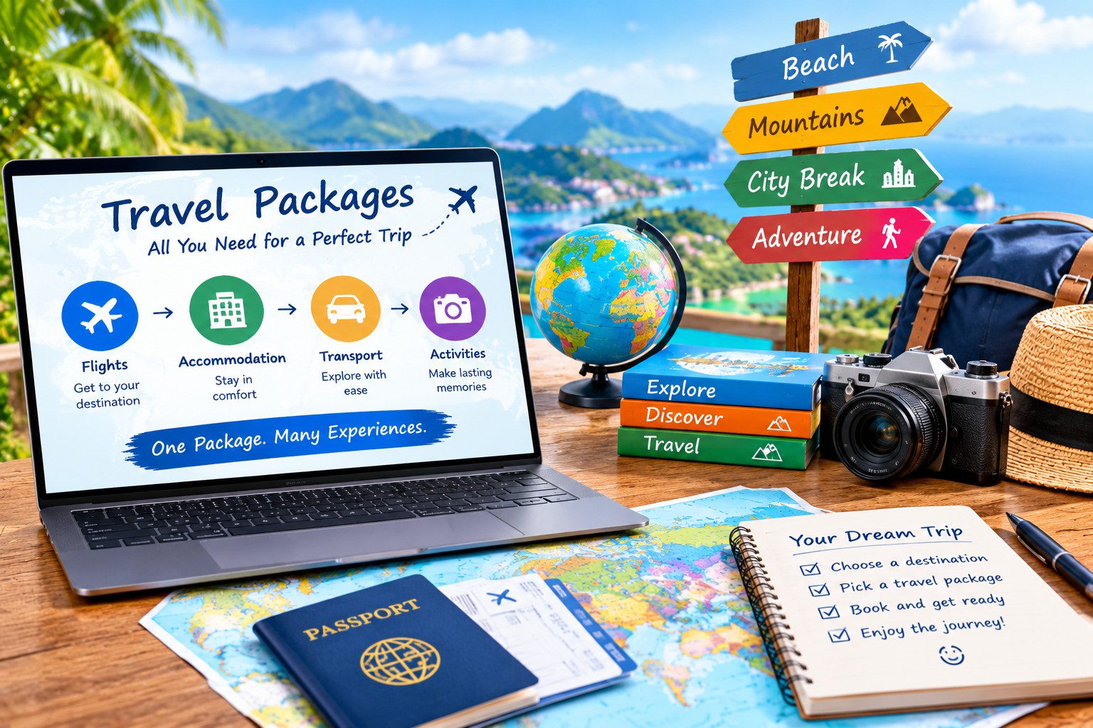 ravel essentials including a laptop, passport, map, camera, and backpack arranged on a table with a scenic mountain and lake view.