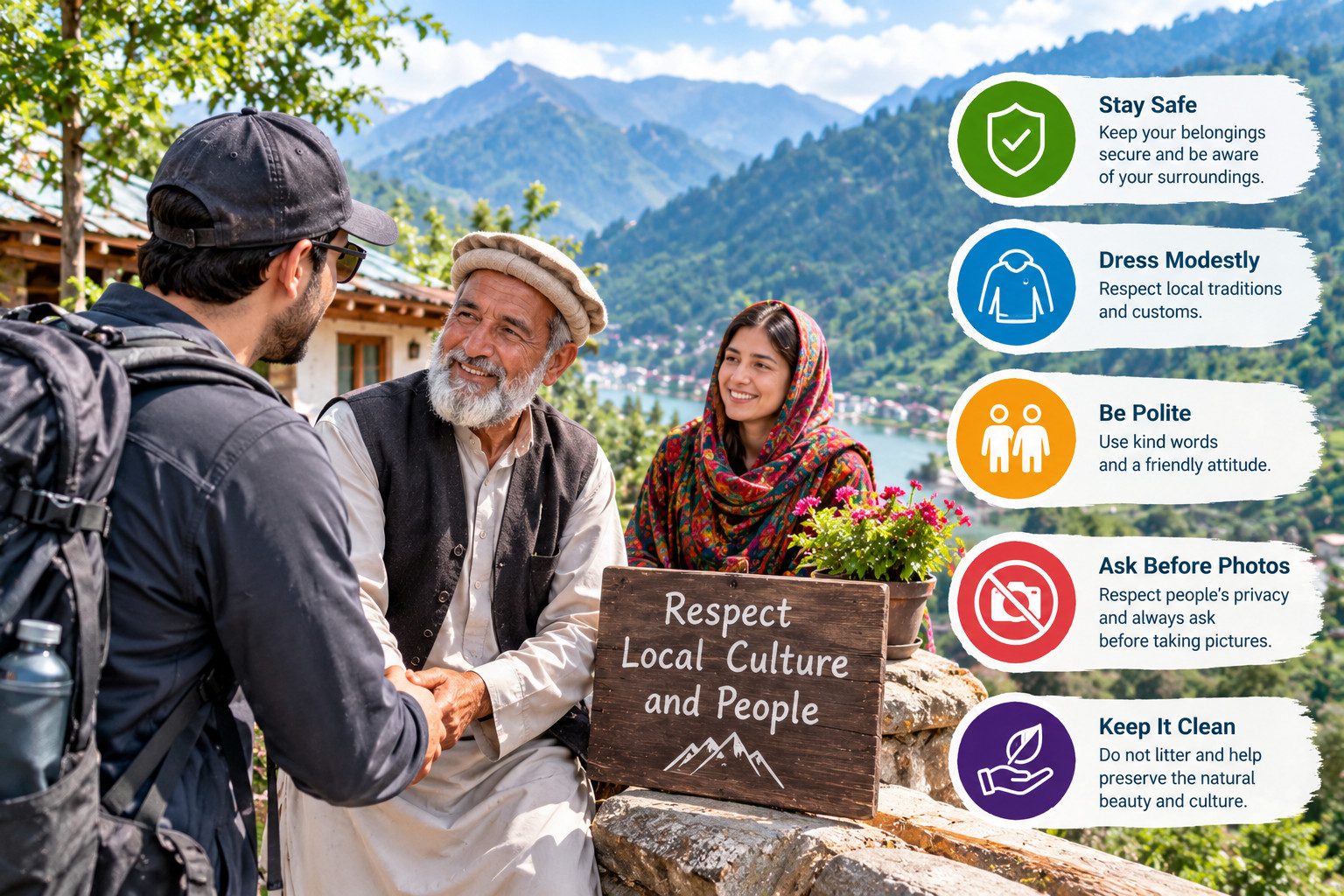 Traveler greeting local residents in a mountain village while following safety guidelines and respecting local traditions