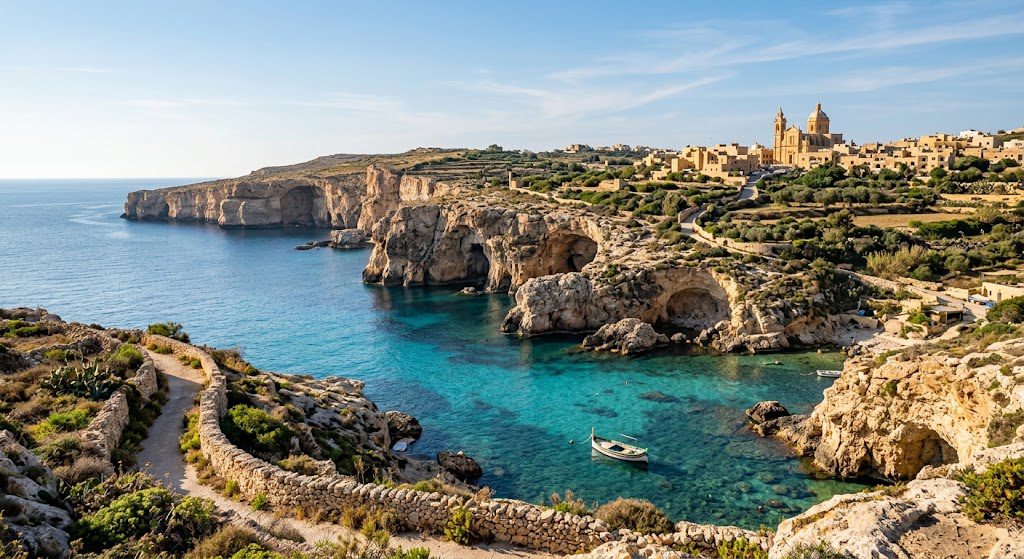 Golden limestone village on Gozo, one of the unique island destinations in Malta