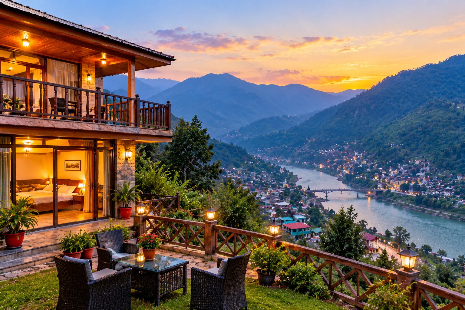 Cozy mountain lodge overlooking Muzaffarabad city, a river, and green hills at sunset.