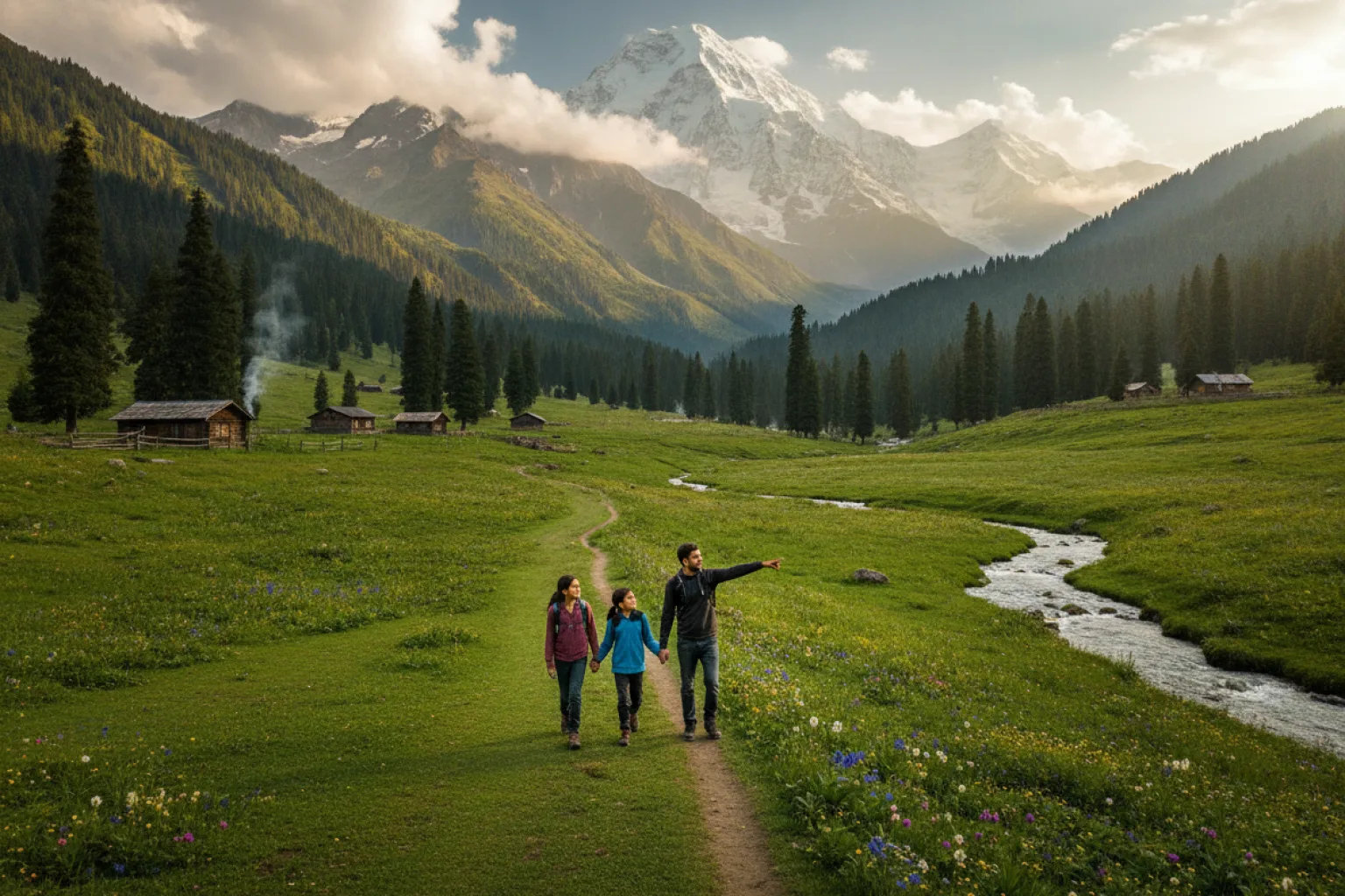 Family enjoying a safe Fairy Meadows trip with Nanga Parbat view