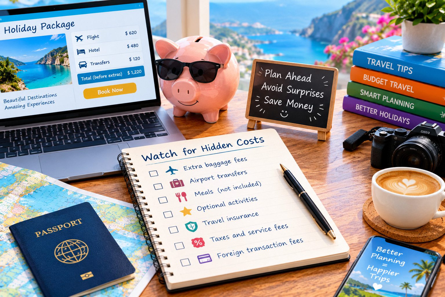 Laptop showing holiday expenses beside a piggy bank, passport, calculator-free budget checklist, camera, and notebook listing extra travel fees.